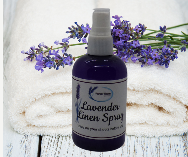 Lavender Linen Spray by Purple Heaven for freshening sheets, towels, and rooms with soothing lavender aroma.