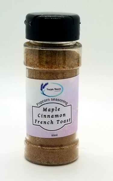 Transform movie nights with Purple Haven's Popcorn Seasoning Blends, featuring Maple Cinnamon French Toast flavor.