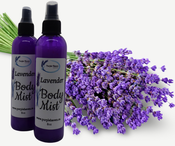 Lavender Body Mist from Purple Haven, infused with essential oils for refreshing body care.