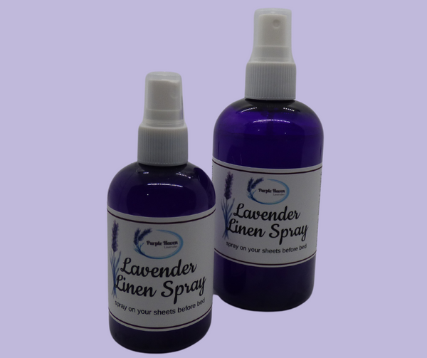 Lavender Linen Spray bottles from Purple Haven, perfect for freshening sheets and rooms before bed.