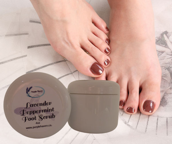 Lavender Peppermint Foot Scrub in a stylish container, perfect for exfoliating and moisturizing your feet.