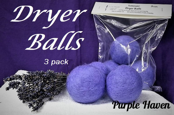 All natural felted wool dryer balls in a pack, perfect for fluffing laundry and reducing wrinkles. From Purple Haven.