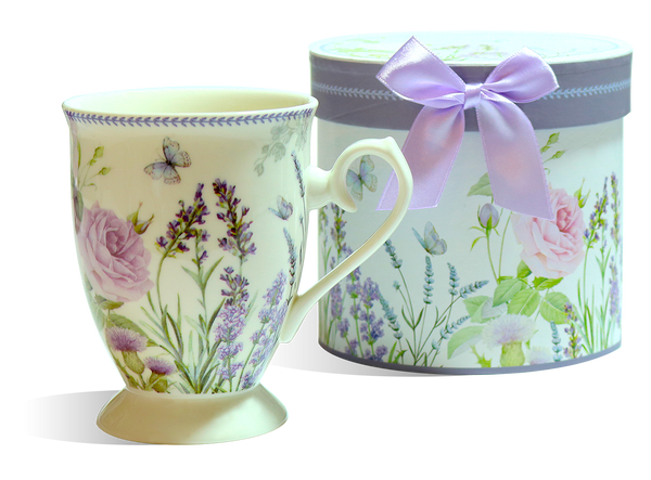 Purple Floral Gift Mugs in a decorative box, perfect for hot or cold beverages. Ideal for gifting or personal use.