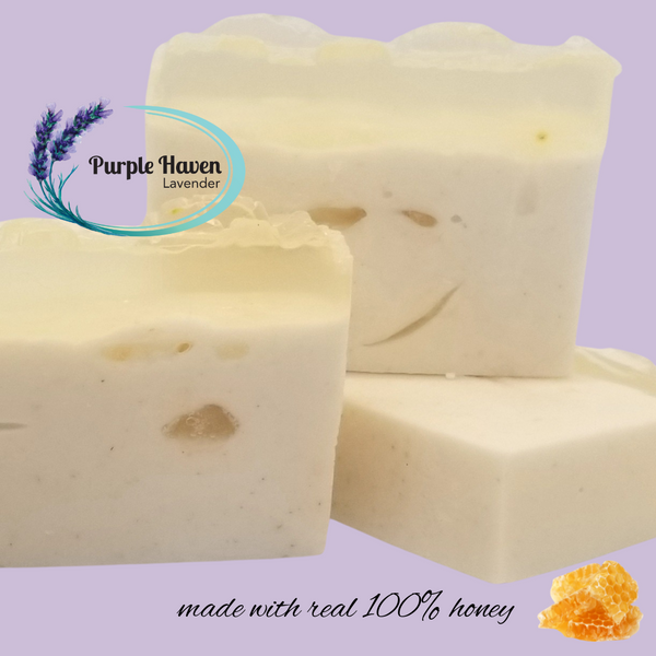 Lavender Honey Oatmeal soap by Purple Haven combines soothing oatmeal and honey for luxurious skin nourishment.