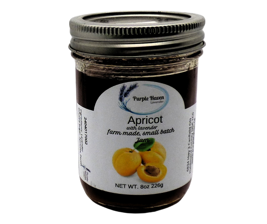 Delight in Purple Haven's Apricot Jam with a hint of lavender, perfect for tea biscuits and ice cream.
