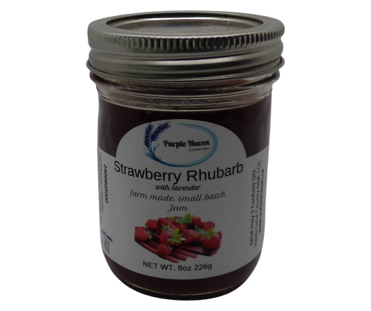 Delight in Purple Haven's Strawberry Rhubarb Jam, a sweet and tart spread with a hint of lavender.