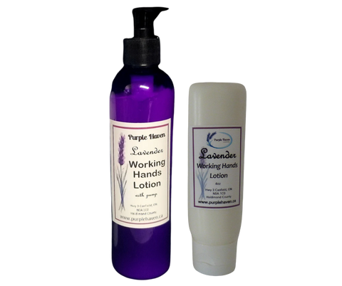 Lavender Working Hands lotion bottles offering relief for dry skin, perfect for gardeners and those with chapped hands.