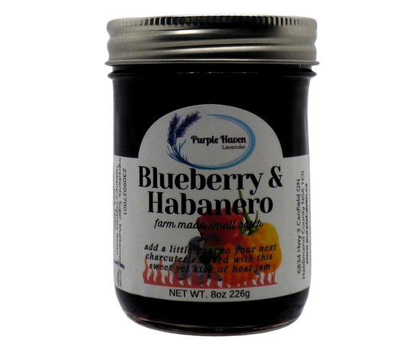 Blueberry Habanero jam from Purple Haven features sweet blueberries with a spicy habanero kick in a farm-fresh jar.