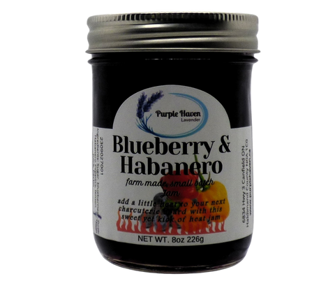 Blueberry Habanero jam from Purple Haven features sweet blueberries with a spicy habanero kick in a farm-fresh jar.