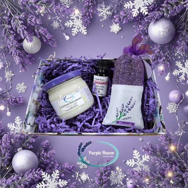 Lavender Bliss Gift Set: lavender candle, lavender essential oil, and lavender sachet in a ready-to-gift box.