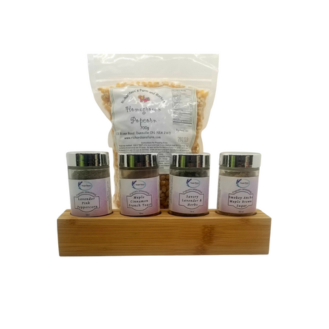 Gourmet Popcorn Gift Set with seasoning blends and kernels, perfect for popcorn lovers from Richardson's Farm & Market.