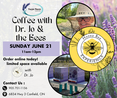 Coffee with Dr. Jo and the Bees event poster: June 21, 11am–12pm beekeeping demo and honeybee experience.