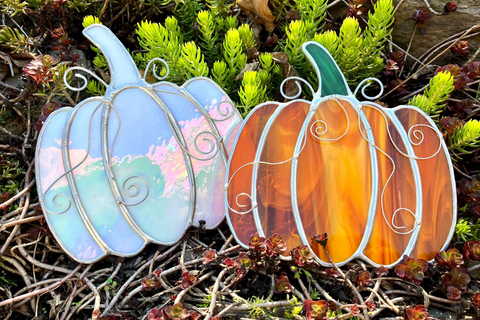 Stain Glass Fall Pumpkin  Saturday October 18th, 2025 1-3 at Purple Haven, colorful stained glass pumpkins for autumn crafting.