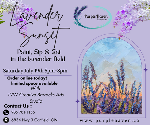 Join us for the Lavender Sunset Paint Sip and Eat in the lavender field Saturday July 19th 5pm at Purple Haven.