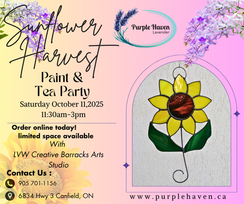 Join the Stain Glass Sunflower workshop at Purple Haven, October 11, 2025, 11:30-3:00pm for creativity and tea!