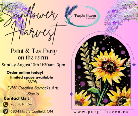 Experience the Sunflower Harvest Paint event at Purple Haven, blending art and high tea in a serene lavender setting.