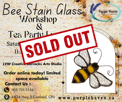 Advertisement for a sold-out bee-themed stained glass workshop and tea party with a bee illustration and 'Purple Haven' branding.