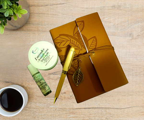 Elevate your self-care with the Journaling Gift Set, featuring a vintage journal, aromatherapy candle, and more.