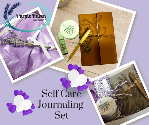Discover relaxation with our Journaling Gift Set, featuring a vintage journal and aromatherapy candle from Purple Haven.