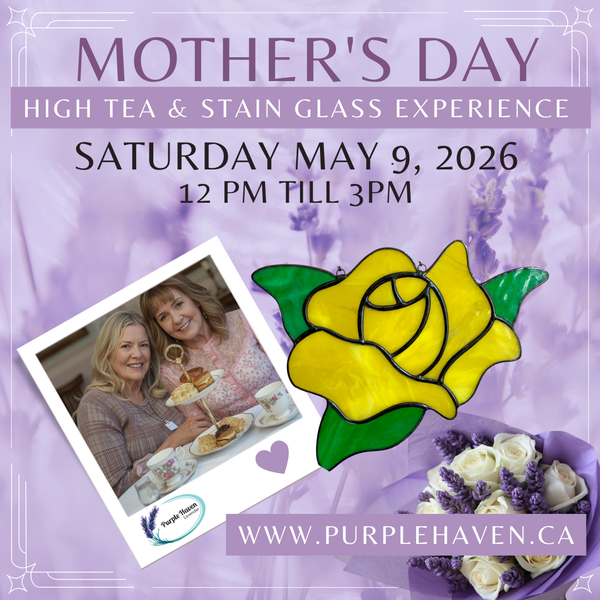 Mother's Day High Tea & Stained Glass at Purple Haven: two women enjoy tea beside yellow rose stained glass.