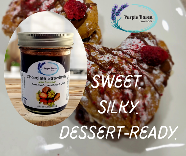 Jar of Purple Haven Chocolate Strawberry spread with a dessert in the background
