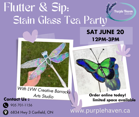 Flutter & Sip: Stain Glass Tea Party flyer featuring dragonfly and butterfly stained glass crafts at Purple Haven.