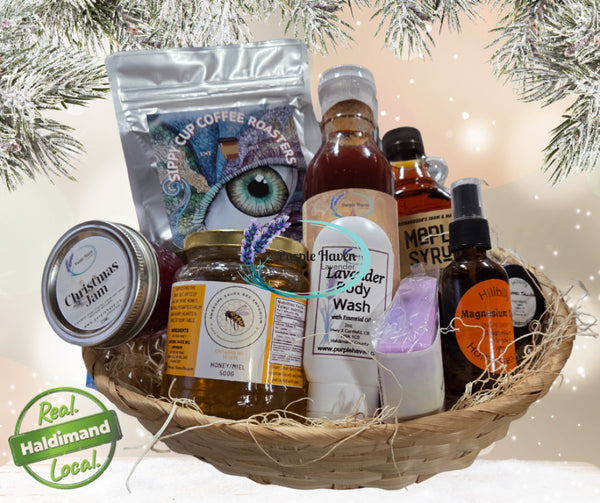 Haldimand Holiday Gift Basket from six local businesses; jams, maple syrup, lavender body wash, honey, and soaps.