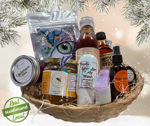 Haldimand Holiday Gift Basket from six local businesses; jams, maple syrup, lavender body wash, honey, and soaps.