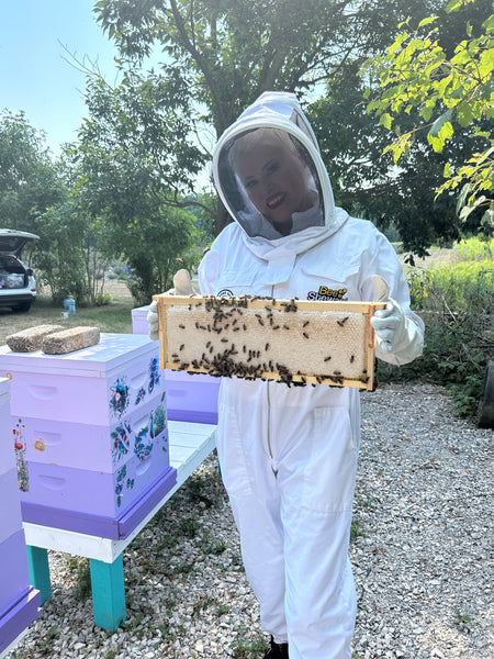 Beekeeper in white suit holding a honeycomb frame among purple beehives in Haldimand County, Ontario