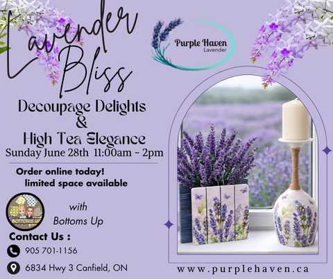 Promotional flyer for Lavender Bliss event with lavender-themed decor and contact information.