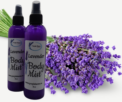 Lavender Body Mist from Purple Haven, infused with essential oils for refreshing body care.