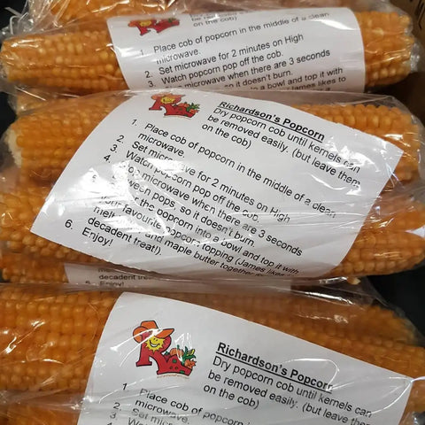 Enjoy Richardson's popcorn cobs from Dunnville, Ontario—fun microwave popping experience with delicious results!