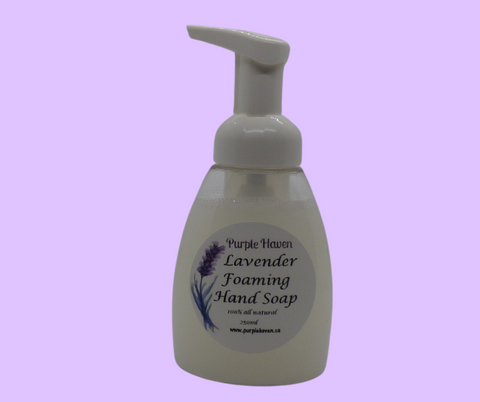 Lavender foaming hand soap from Purple Haven offers rich lather with a soothing lavender scent in a sleek pump bottle.