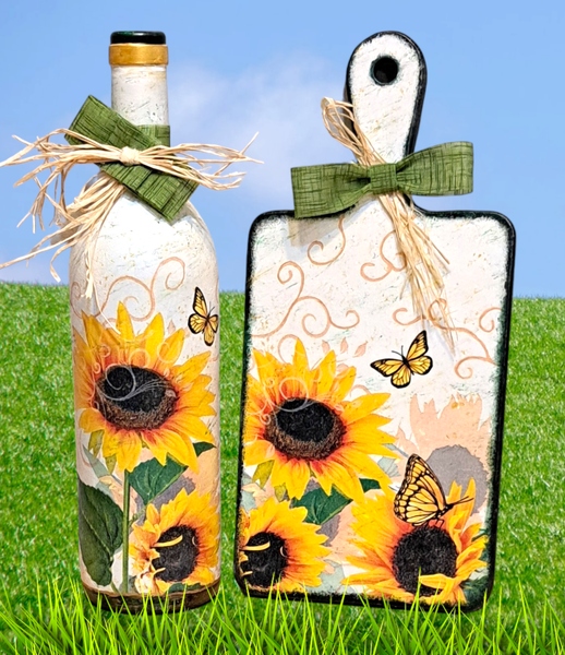 Decorative sunflower decoupage items for the Sunflower Garden Tea Party & Workshop on September 14.