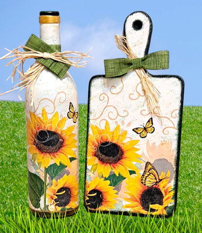 Decorative sunflower decoupage items for the Sunflower Garden Tea Party & Workshop on September 14.