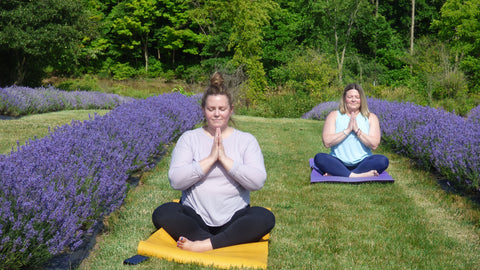 Participants engage in mindfulness during Yoga Wednesday Essential Yoga Workshops hosted by Michelle Racine amid lavender fields.