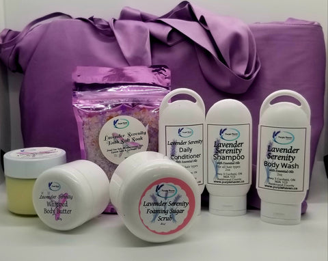Lavender-themed Box of Hugs Gift Set featuring bath products and a satin robe for a relaxing experience.