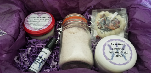 Relax and Enjoy with this Romance Lavender  gift set.  Includes a bath soak, Lavender fragrance Roller, Lavender Sugar Scrub, Lavender Romance Candle and a Lavender Romance fragrance sachet tart.