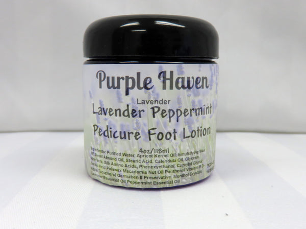 Purple Haven's Lavender Peppermint Pedicure Foot Lotion soothes tired feet with cooling menthol and nourishing oils.