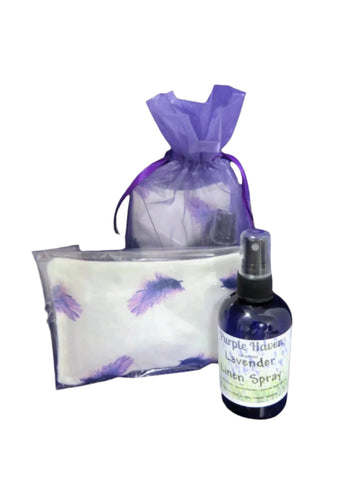 Lavender Silent Night Gift Set includes a sleep pillow and linen spray, beautifully packaged in a purple organza bag.