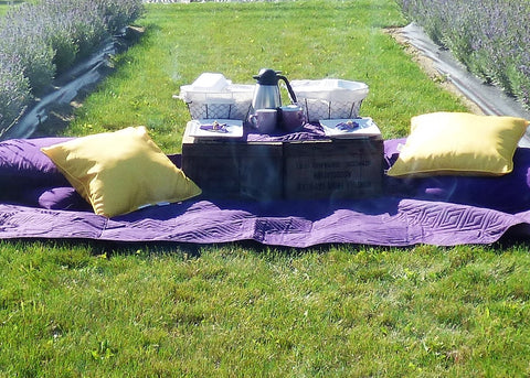 Picnic set up with baskets of food and crates with plates  all in the lavender field on purple blankets and pillows