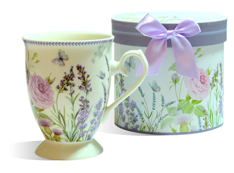 Purple Floral Gift Mugs in a decorative box, perfect for hot or cold beverages. Ideal for gifting or personal use.