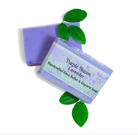 Lavender Shea Butter Soap from Purple Haven, vegan and glycerin-based for a creamy, moisturizing cleanse.