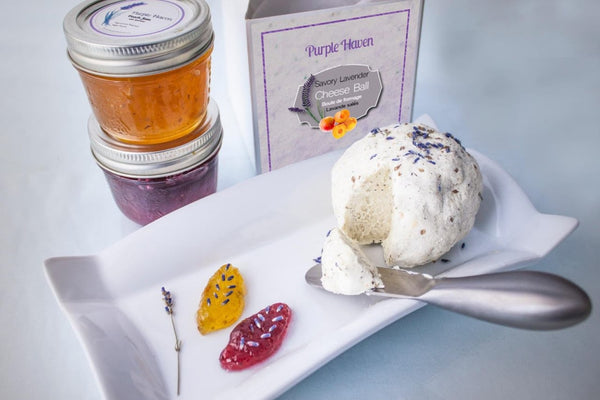 lavender cheese ball served with Peach & Apricot Jam and Cranberry Lavender Jam