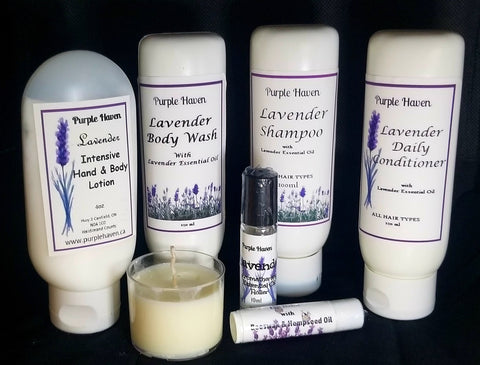Lavender Body & Hair Gift Set by Purple Haven, beautifully packaged for lavender lovers, perfect for gifting.