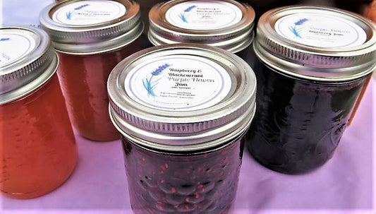 Lavender Blueberry Jam jars featuring local fresh fruit with a hint of lavender, perfect for spreading delight.