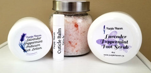 Relax with the Boxed Pedicure Gift Set, featuring lavender peppermint lotion, scrub, soak, and a cuticle stick. Perfect gift!
