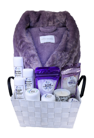 Elegant Aromatherapy Lavender Spa gift set featuring a plush robe and spa essentials for a perfect home pampering experience.